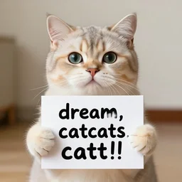 realistic high quality photo of a cute cat holding a sign with text that reads : dream, catcats, catt!!