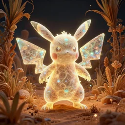 ( pokemon ) creature creature in a desert lush vegetation, warm tones, night, bioluminescent bioluminescent translucent translucent : : by daniel merriam, victo ngai and guillermo del toro : : ornate, dynamic, particulate, intricate, elegant, highly detailed, centered, artstation, smooth, sharp focus, octane render, 3 d