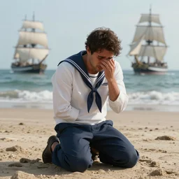 full body portrait of crying sad sailor on his knees, on a beach, sailingship far in the background, by greg rutkowski, octane render, unreal engine, 8 k highly detailed, intricate details