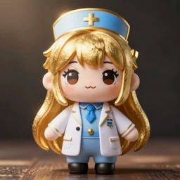cute fumo plush of a girl in a doctor uniform, gold and blue, anime girl
