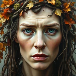 hyperrealistic portrait of a druid, perfect face symmetry, proportional look, intricate detailed color smashing fluid oil paint and acrylic, dried moss and dried autumn leaves headdress, melting wax, mycelia, abstract impressionism, ruan jia, dark fantasy, hyper detailed, concept art, by gustav klimt