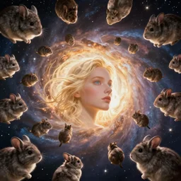 thousands of chinchillas floating in space, woman's face floating in the center of the universe