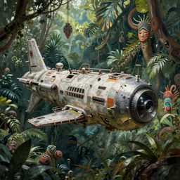 abandoned space station in lush jungle, close up, arte tribal, perry rhodan, simon stalenhag, digital painting, xf iq 4, f / 1. 4, iso 2 0 0, 1 / 1 6 0 s, 8 k, raw, featured in artstation, octane render, cinematic, elegant, intricate, 8 k