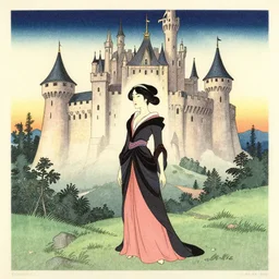 cartoon of a woman standing in front of a castle, a screenprint by kilian eng, trending on tumblr, fantasy art, flat colors, storybook illustration, ukiyo - e