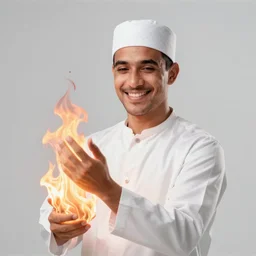 a happy white spanish - algerian man in his early 4 0 s, heavenly fire is enveloping his body and head, the man is wearing a t - shirt of burgundy color, art by artgerm
