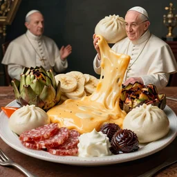 a amazing new surrealist hybrid of a pope salad by giuseppe arcimboldo and kandinskali, melting cheese, steamed buns, grilled artichoke, sliced banana, the pope, salami, milk duds, licorice allsort filling