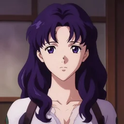 close portrait. interior bg. screenshot of a scene in neongenesisevangelion of ltcol katsuragi misato 2 9 painted by norman rockwell. character designed by hideaki anno. long shoulderlength wavy! dark purple hair. digital. lighting by james gurney. trending on artstation. masterpiece. artgerm mucha rutkowski.