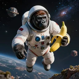 a gorilla is a space suit traveling to outer space with his banana friend