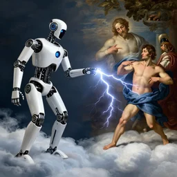 modern mechanical robot on the clouds is projecting a lightining into an athletic human man, classical religious painting, michelangelo, concept art, stanley kubrick