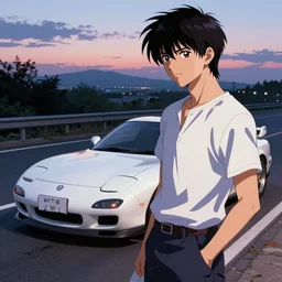 aesthetic illustration of ryosuke takahashi with black hair, standing by his glossy white mazda rx 7 on an empty highway at dusk, cinematic lighting, initial d anime 1 0 8 0 p, detailed anime face, high detail, 9 0 s anime aesthetic, volumetric lights, rule of thirds, unreal engine 5 render, pinterest wallpaper, trending on artstation