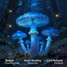 macro of blue mushrooms fungi glowing blue. Forest floor at night lit by eerie blue glow. Yellow fireflies. Digital painting. Beeple. Noah Bradley. Cyril Roland