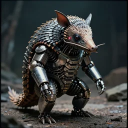 Cybernetic armadillo warrior, cinematic, Kodak 2383 film