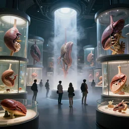 futuristic exhibition full of diorama exhibits, pickled organs, curious people observing the details in glass cases, very high details, volumetric fog, raytracing, back light, raymarching, by ilm, by digital domain, by weta digital