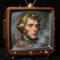 mans head inside a colorful steampunk tv. close - up baroque portrait. foggy atmosphere, black background. highly detailed science - fiction painting by norman rockwell, moebius, frank frazetta, and syd mead. rich colors, high contrast. artstation