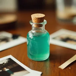 small potion with a cork top filled with a green and turquoise gradient liquid, on a desk, old film photo