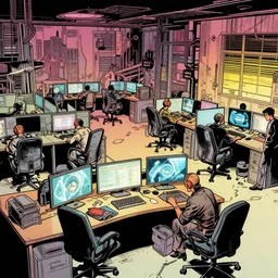 full page comic book drawings of cyberpunk apocalyptic office scenes, bold color palette, high contrast, by carel willink and jean giraud, comic book panels, octane render, beserk anime