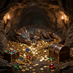a very old dragon asleep, in a cave, dark - lit with torches along the walls, with a massive amount of gold coins, treasures, gems, rubies, and a treasure chest, piled around, very high detail, 8 k, artstation