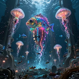 high quality photo of cinematic underwater dystopian futurist city ruins with giant bioluminescent multicolored mutant fish and cyborg jellyfish, masterpiece, aykut aydogdu eric zener, very dramatic volumetric light, long shot, ground angle uhd 8 k, deep focus