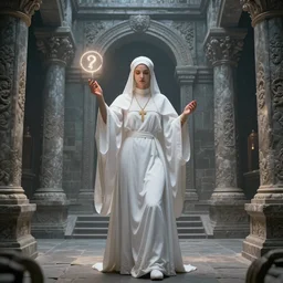 A white priestess is conjuring a spell inside the ancient and mythical temple. By Konstantin Razumov