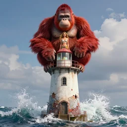polished ruined lighthouse standing in storm sea waves, while giant red orangutan sit on top of it : : daisy ridley face : : kate upton body : : weta disney pixar movie still photo : : hi - fructose, sci fi, fantasy, decadent highly - detailed digital painting, golden ratio, octane render, artstation, smooth, sharp focus, artgerm, mucha, loish, wlop : :