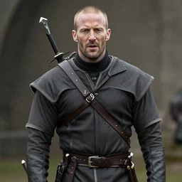 jason statham cast as dijkstra in the witcher netflix series, wearing fine medieval clothing