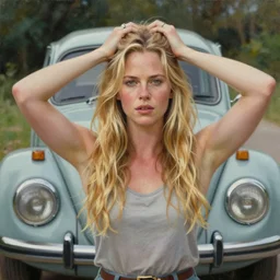 beautiful beautiful beautiful yeah w charlize theron with long blonde hair locks holds over its head on its two hands old volkswagen beetle, oil on canvas, naturalism