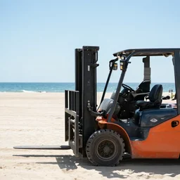 beach during sunny day, forklift in the background, photo style