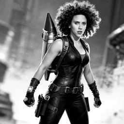 scarlett johansson, action scene, wearing a rocket pack on her back, black and white, afro samurai manga style, fully clothed
