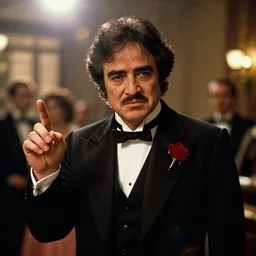 bob ross in the godfather as vito corleone movie still, cinematic lighting, ray tracing, octane render, long lens, shallow depth of field, bokeh, anamorphic lens flare, 8 k, hyper detailed, 3 5 mm film grain