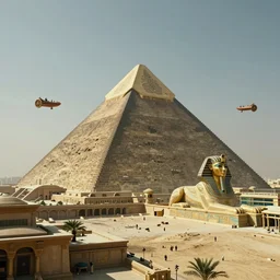 a scene of a beautiful intricate epic futuristic pharaoh city with a cyber pyramid, a neo sphynx and hovering chariots taken from a distance, minimalist, cinematic lighting