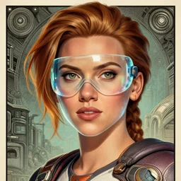 scarlett johansson as tracer from overwatch, see through glass hologram mask, character portrait, portrait, close up, concept art, intricate details, highly detailed, vintage sci - fi poster, retro future, vintage sci - fi art, in the style of chris foss, rodger dean, moebius, michael whelan, and gustave dore