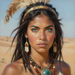 a highly detailed painting of a female amazon warrior with piercing beautiful eyes in desert setting by larry elmore