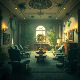 a wholesome animation key shot of a post apocalyptic presidential room, covered by nature hipster vibes by studio ghibli, animation, sharp, rendered in unreal engine 5, focused, anime key art by greg rutkowski, bloom, dramatic lighting
