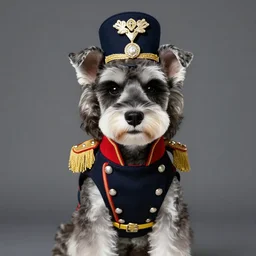 A classic portrait of a stoic looking miniature schnauzer dressed in extravagant military attire.