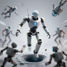 a robot from another dimension, manifested in our world with black holes, attracting other robots in with infinite force, disintegrating them