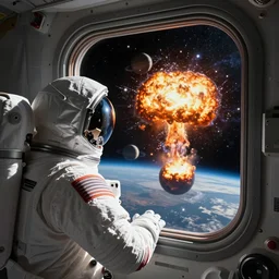 spaceman looking out of a spaceship window, watching two planets explode in the distance