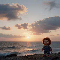 sunset clouds with an ocean in the background and a tiny screaming chucky ashore by greg rutkowski cinematic 3 5 mm film