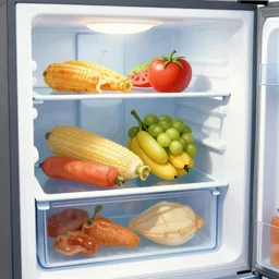 cross - section illustration of a refrigerator interior stuffed with leftovers, highly detailed