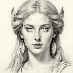 pencil sketch of beautiful greek goddess aphrodite with arrowhead earrings and beautiful feather jewelry, beautiful piercing eyes, beautiful blonde hair, hyper realistic face, in the style of greg rutkowski, fantasy, amazing detail, epic, elegant, smooth, sharp focus, from the front