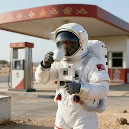 a cosmonaut in a spacesuit drinking steaming cup of coffee, in an abandoned gas station in socotra island, kerala motifs, artstation, cinematic, octane render, 4 k, matte painting