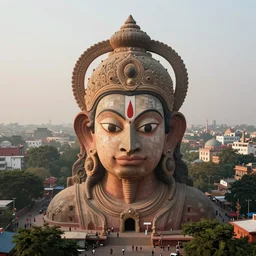 beautiful dreamscape! biomorphic new delhi, hanuman!! head building, kalighat, octane photorealistic cinematic, stephen shore & john j. park, soft morning light, wide shot, high angle, uhd 8 k, deep focus