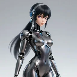 dark mimi, a very beautiful metallic robot - woman with a thirst for vengeance, ornate cybernetic wiring, with gleaming katana in one hand and a neon pink lightsaber in the other hand, white streak in her black wavy hair, hyperrealistic detailed beauty