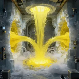 photo of liquid nitrogen with yellow water-cooling coolant flowing through latent representations of yellow ice caverns undergoing centrifugal forces, computer circuitry sticking out the walls!!!!, high detail, high contrast!, low-poly elements!!!, 4k