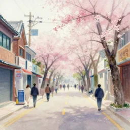 streets of hongdae, hangeul, photorealism, spring, wide shot, water color painting, blurry, brush strokes by Lim Eung-Sik
