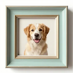 painted wooden frame, elegant, 1 9 2 0 s, for a square picture of a happy dog 3 d render