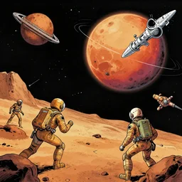 space battle in the orbit of mars, graphic novel, illustration, colorfull