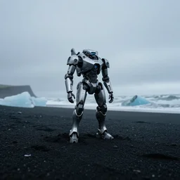 low angle cinematic shot of lone futuristic mech in the middle of an endless black sand beach in iceland, icebergs, 2 8 mm