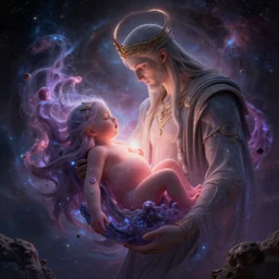 a god giving birth to a new universe and then dissolving itself into it, in the style of wlop!!, illustration, epic, fantasy, hyper detailed, smooth, unreal engine, sharp focus, ray tracing