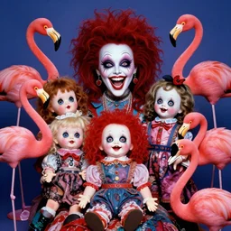 a colorful portrait photograph of divine, 1 9 9 0 s, with diabolical cursed creepy dolls and flamingos, poppy playtime style, with crazy laughs and crazy eyes, taken by martin parr, saturated colour photo, high definition, 8 k