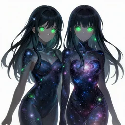 A realistic anime painting of two beautiful cosmic girls with glowing green eyes and cosmic skin wearing dresses made out of the galaxy. digital painting. by Stanley Artgerm Lau, Sakimichan. WLOP. Makoto Shinkai. Rossdraws. Pixivs. digital render. trending on Pixiv. SFW version —H 1024